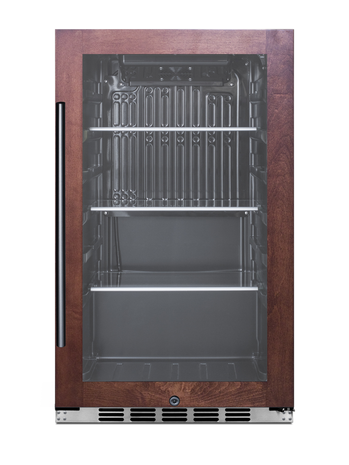Commercially approved indoor/outdoor beverage cooler for built-in or freestanding use with a shallow 17.75
